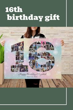 a woman holding up a birthday gift with the number six surrounded by photos and text