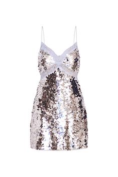 Party perfection in the Finta Dress. This flirty mini steals the show with large iridescent sequin paillettes all over. The slip dress features delicate spaghetti straps and intricate, contrasting lace at the neck and waistline. Dress Reference, Silver Mini Dress, Sequin Homecoming Dress, Prom Inspo, Silver Sequin Dress, Iridescent Sequin, Performance Outfits, Disco Dress, School Dropout