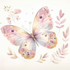 a watercolor painting of a butterfly with pink and gold accents on it's wings