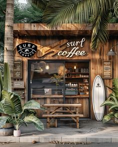 there is a surf shop with two surfboards on the outside and palm trees in front