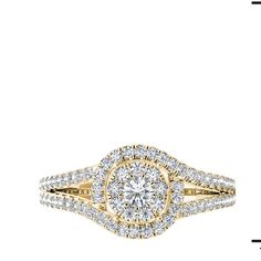 10k Yellow Gold 3/8ct TDW Diamond Cluster Split Shank Ring (H-I, I2) #AD Heart Ring, Jewelry Rings