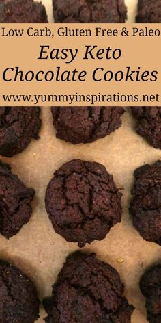 chocolate cookies with text overlay that reads low carb, pale and dairy free gluten free chocolate cookies