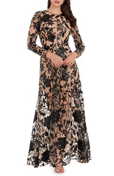 Dress the Population Ava Sequin Floral Embroidered Long Sleeve Gown | Nordstrom Mesh Gown, Tulle Maxi Dress, Sequin Formal Dress, Sleeve Gown, Contemporary Dresses, Formal Dresses Gowns, Long Sleeve Gown, Sequin Gown, Midi Cocktail Dress