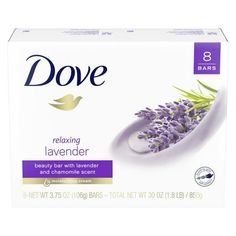 Dove Relaxing Gentle Beauty Bar Soap, Lavender and Chamomile, 3.75 oz (8 Bars), Lavender bath products are the ultimate choice to help you unwind. With Dove Purely Pampering Relaxing Lavender Beauty Bar, you can transform your skincare routine into a truly indulgent experience. Combining the comforting scents of lavender and chamomile, this creamy Dove cleansing bar cares for your skin as it soothes your senses. A lavender body bar like this one is the perfect calm start to your day or soothing Dove Purely Pampering, Dove Soap, Lavender Soap Bar, Lavender And Chamomile