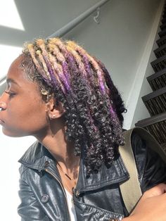 Colored Roots Locs, Purple And Blonde Locs, Reverse Dyed Locs, Dyed Curly Hair