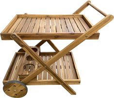 a wooden picnic table with wheels on the bottom and two serving trays attached to it