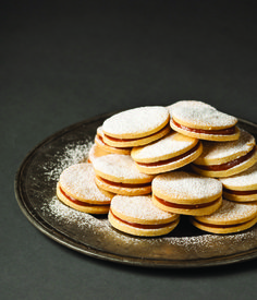 a pile of cookies sitting on top of a metal plate