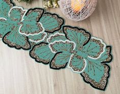 Floral Beaded Table Runner - Aquamarine Green Gold - MAIA HOMES Beaded Table Runner, Farmhouse Table Runners, Macrame Table Runner, Table Decor Living Room, Handmade Table Runner, Burlap Table Runners, Centre Table, Table Runner Pattern, Living Room And Dining Room