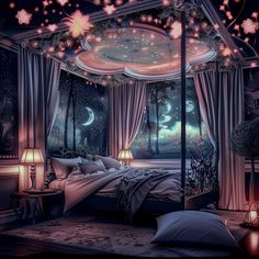 a bedroom with a canopy bed and stars on the ceiling, lights in the windows