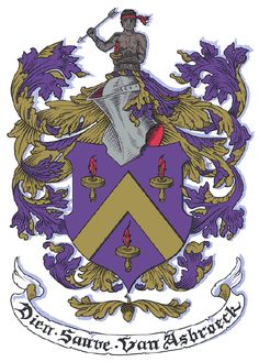 the coat of arms is shown in purple and gold, with an image of a man on