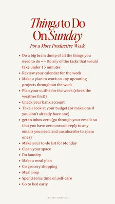 Discover how to boost your productivity with our list of things to do on Sunday. Plan your week, set goals, and start your Monday right. Make every week your most productive yet!  mindfulness, self-care, mindset shift, personal development, growth mindset, highest self, success, self-control, self improvement, self love, intellectual wellness, mental wellness, personal growth, build a better you, women wealth and wellness club Self Schema, Weekly Things To Do, How To Plan A Productive Week, Self Improvement Tips Personal Development, Intellectual Wellness, Rich Aunt, Ideal Self, Highest Self