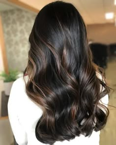 Long Hair Highlights, Plum Hair, Black Hair Balayage, Dark Brunette Hair, Brown Hair Inspo, Brunette Hair With Highlights, Black Hair With Highlights, Dark Hair With Highlights, Caramel Highlights