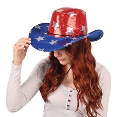 Show your patriotism in style with this sequined patriotic cowboy hat! Crafted from fabric and designed to fit most, this one-size-fits-all hat is perfect for any occasion. With an approximate 23-inch circumference, enjoy the convenience of 1/package or 6 packages per case. Approximate 23 inch circumference (part that fits on your head). Cowboy Hat, Your Head, Cowboy Hats, In Style, Cowboy, Hats, Fabric