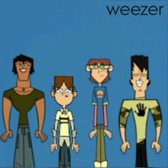 cartoon characters standing in front of a blue background with the words weezer on it