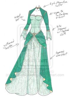 a drawing of a green dress with long sleeves and an open back, in the style of princess aurora