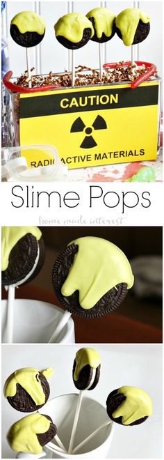 some chocolate cupcakes with yellow icing on them and the words slime pops