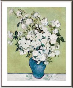 a painting of white flowers in a blue vase