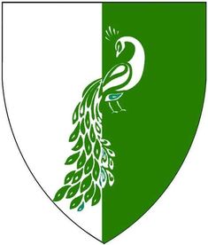 a green and white shield with a peacock on it's left side, in the center