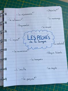 a notebook with the words les peches written on it