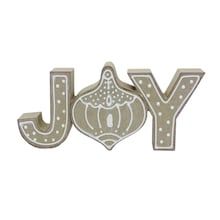 the word joy is made out of wood and has an ornament on it