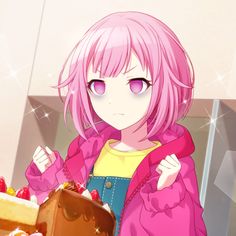 a girl with pink hair holding a piece of cake