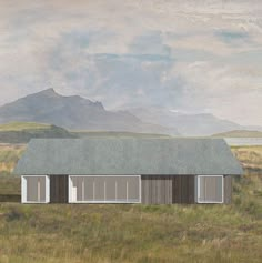 a painting of a house in the middle of a field with mountains in the background