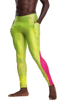 Mens Neon Green Meggings from Love Khaos Sporty Neon Bottoms For Sports, Neon Sports Bottoms, Sporty Neon Stretch Bottoms, Fitted Green Bottoms For Rave, Neon Yellow Stretch Workout Bottoms, Stretch Rave Bottoms For Streetwear, Rainy Festival Outfit, Beach Festival Outfit, Pink Tiger Print