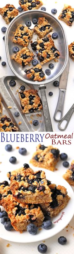 blueberry oatmeal bars on a plate with a spatula next to them