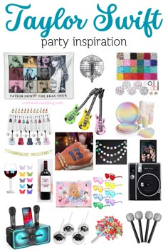 a collage of party items including drinks, candy and candies with text that reads taylor swift party inspiration