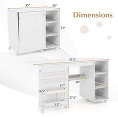 the measurements for a white desk with drawers and shelves on wheels are shown in three different sizes