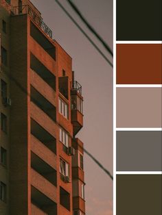 an apartment building with many windows and balconies on the top floor is shown in color swatches