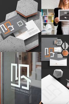 business cards and stationery designed to look like hexagonal shapes with orange accents