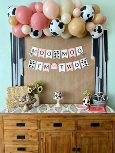 a cow themed birthday party with balloons and decorations