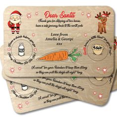 three wooden coasters with christmas designs and santa's helpers on the back