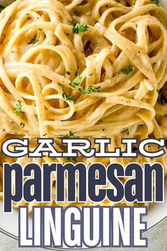 a plate of garlic parmesan pasta. Linguine Recipes Easy, Parmesan Linguine, Creamy Linguine, Homemade Chicken Alfredo, Spicy Chicken Pasta, Garlic Parmesan Pasta, Slow Cooker Creamy Chicken, Linguine Recipes, Creamy Pasta Dishes