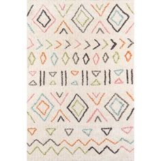 a white rug with multicolored geometric designs on the front and back of it