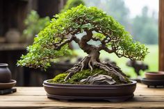 a bonsai tree sitting on top of a wooden table