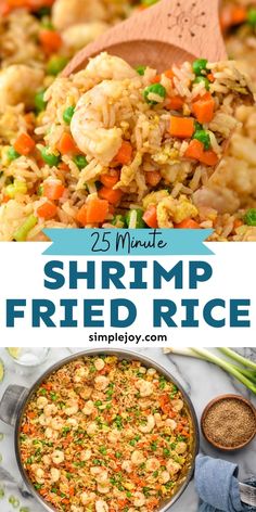 shrimp fried rice with carrots and peas in a skillet