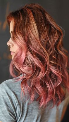 24 Ombre Hair Colors for a Head-Turning Look Today | Lookosm Pretty Ombre Hair, Light Brown To Red Ombre, Copper Pink Balayage, Caramel And Pink Hair, Strawberry Ombre Hair, Fall Rose Gold Hair, Auburn Hair Pink Highlights, Rose Gold And Red Hair, Copper Hair Pink Highlights