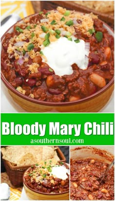 a collage of photos showing different types of chili and beans in a bowl with sour cream on top