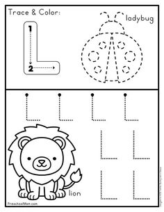 trace and color worksheet for the letter l, with an image of a lion