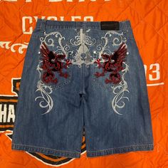 Imperious Embroidered Jorts Skater Grunge Jeans Shorts Perfect Condition Jorts Y2k Grunge, Y2k Mid-rise Jean Shorts For Streetwear, Y2k Jean Shorts With Pockets, Y2k Denim Bottoms With Built-in Shorts, Grunge Jean Shorts With Built-in Shorts, Custom Jeans Diy, Online Thrift, Grunge Jeans, Fire Clothes