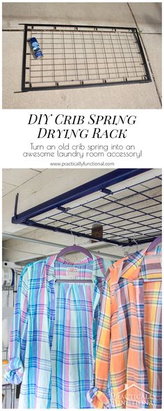 an image of clothes drying in the garage with text overlay that reads diy wire spring drying rack