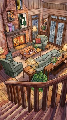 a drawing of a living room with couches and fireplace in the center, surrounded by wooden floors