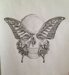 a drawing of a skull with butterfly wings on it's head, and a human skull in the foreground