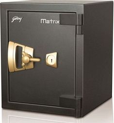 a black and gold safe with the door open