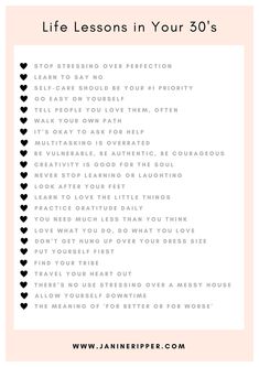 a list with the words life lessons in your 30's on it and hearts