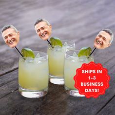 three glasses filled with lemonade and two men's faces