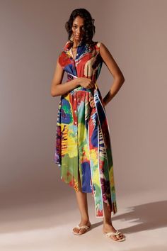 Multicolour abstract print dress with attached waist belt in an asymmetric silhouette. - Aza Fashions Abstract Print Dress, Asymmetric Dress, Color Abstract, Asymmetrical Dress, Dress For Women, Women Dresses, Dress Pattern, Aza Fashion, Waist Belt