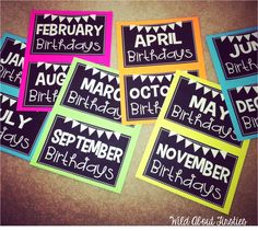 some stickers that say happy birthday and have the names of each month on them